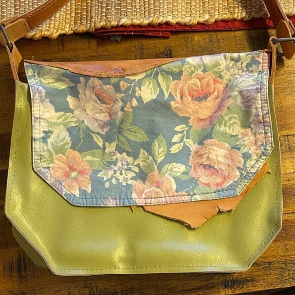 Floral Shoulder Bag with Green and Tan Accents